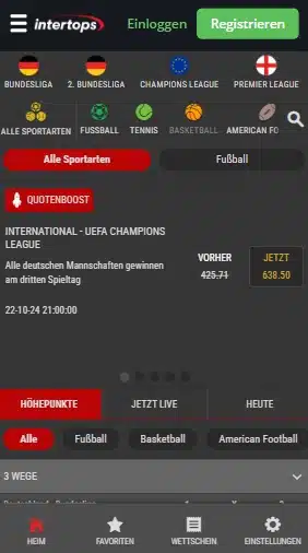Intertops App Ansicht